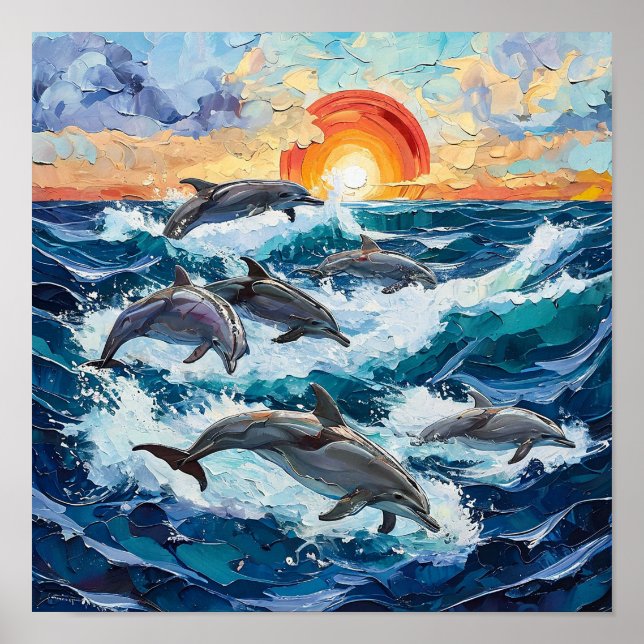 Delfiners Havslandskap Oljemålning Havsvåg Poster (Framsidan)