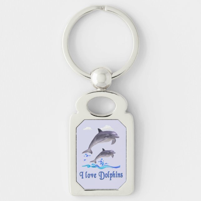 Delfiners kärlek rektangulärt silverfärgad nyckelring (Framsidan)