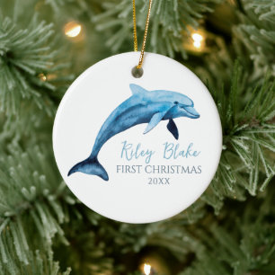 Delfinillustration Baby Första Julen Julgransprydnad Keramik