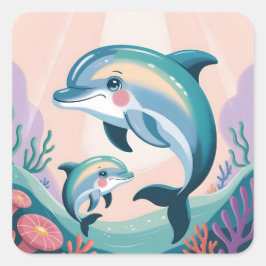 Delfinmamma och unge fyrkantigt klistermärke