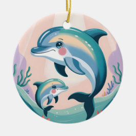 Delfinmamma och unge julgransprydnad keramik