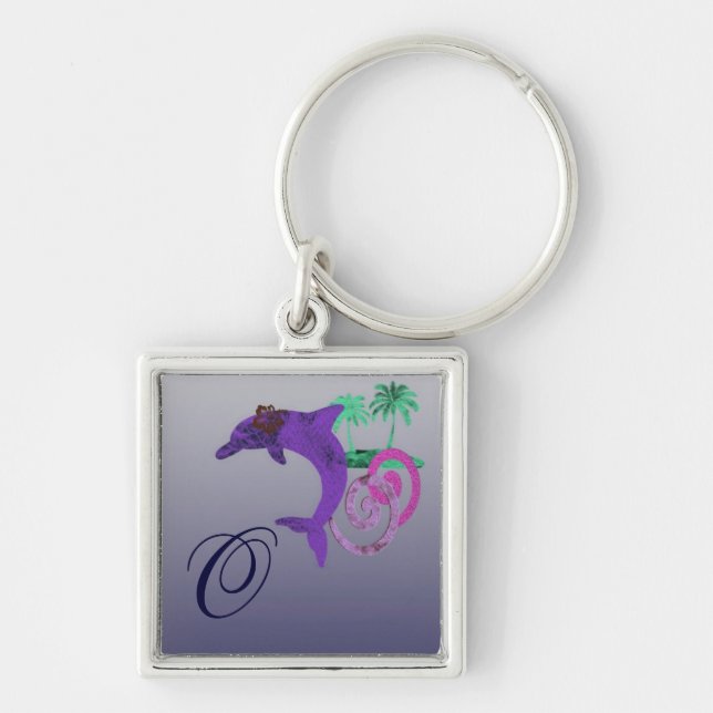 Delfinöblått, lilor, Fushia och Aquamarin Fyrkantig Silverfärgad Nyckelring (Framsidan)
