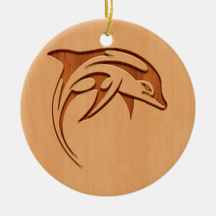 Delfinsilhouette som inristas på den wood designe julgransprydnad keramik