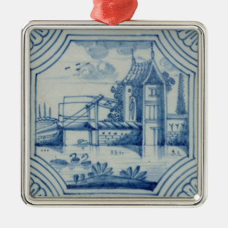 Delft belägger med tegel visning en drawbridge julgransprydnad metall