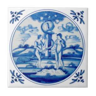 Delft Biblical Genesis Adam & Kväll Repro circa 17 Kakelplatta