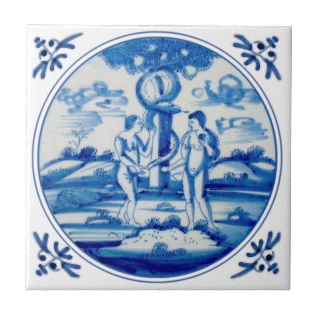 Delft Biblical Genesis Adam & Kväll Repro circa 17 Kakelplatta (Framsidan)