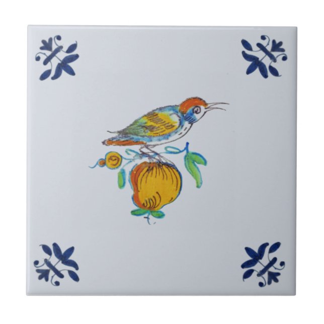 Delft Bird på Gren med Fruit Repro c. 1650 Kakelplatta (Framsidan)