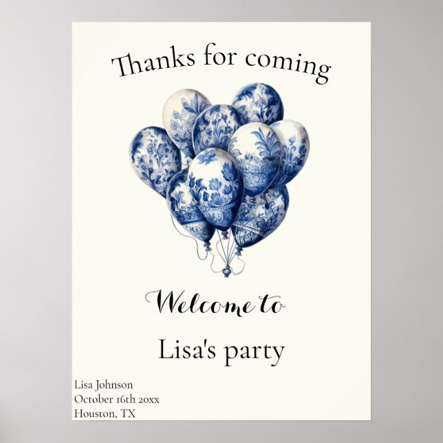 Delft Blå Ballonger anpassningsbara Poster (Framsidan)