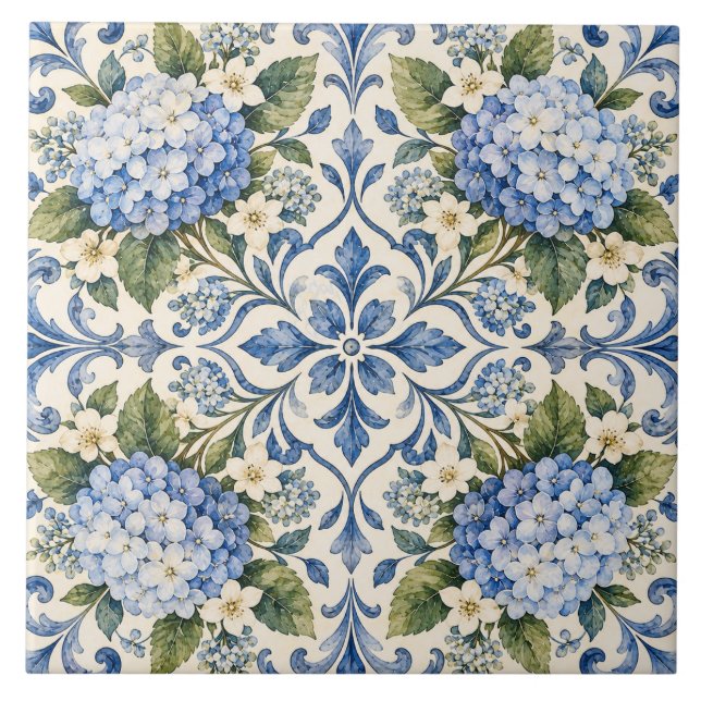 Delft Blå Hydrangea Blommig Keramisk Platta Kakelplatta (Framsidan)