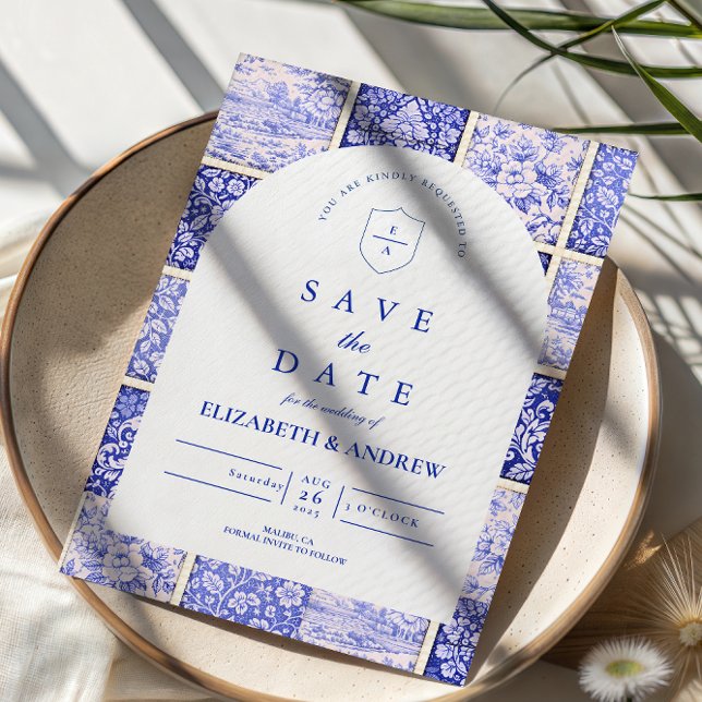Delft Blå Patchwork Porslinsbröllop Spara Datumet (Skapare uppladdad)