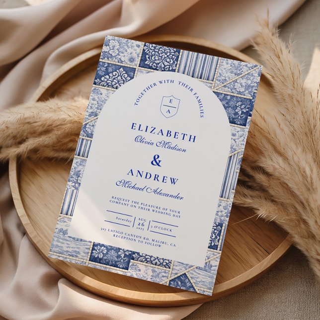 Delft Blått Lapptäcke Toile Bröllop Inbjudningar (Skapare uppladdad)