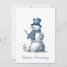 Delft Blått Vattenfärg Snömannen Julkort