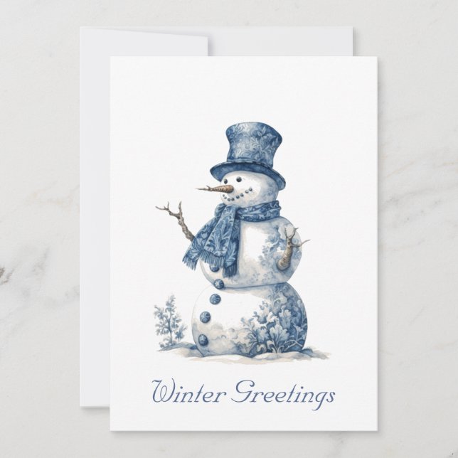 Delft Blått Vattenfärg Snömannen Julkort (Framsida)