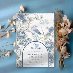 Delft Blått Vitt Chinoiserie Porslin Fågel Spara Datumet