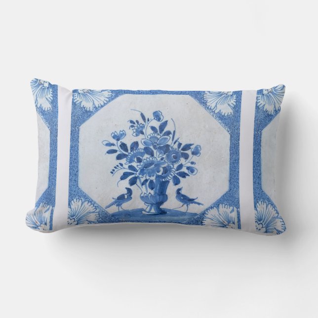 Delft Blue Birds blommigt Fransk Land Chic Lumbarkudde (Framsida)