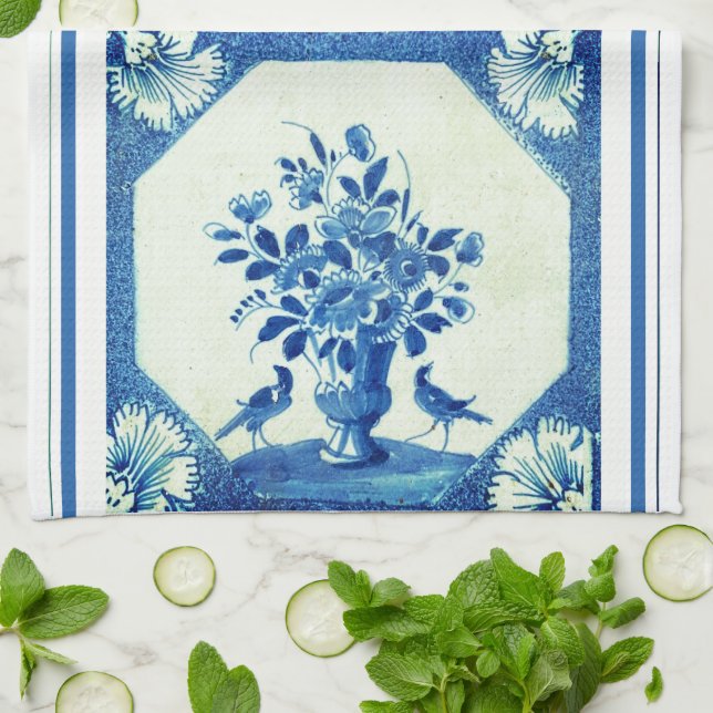 Delft Blue Birds blommigt Fransk Land Elegance  Kökshandduk (Vikta)
