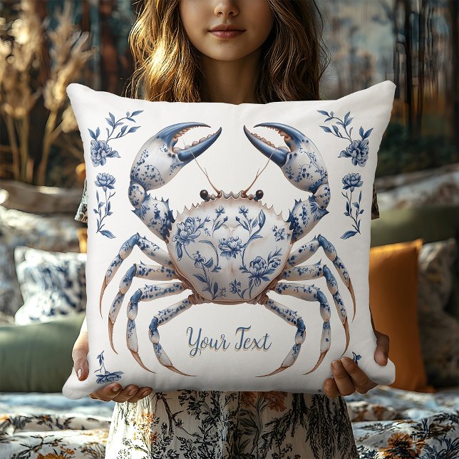 Delft Blue Blommigt Crab Coastal Rustic Beach Hous Kudde (Skapare uppladdad)