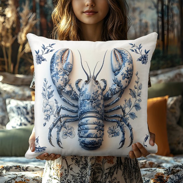 Delft Blue Blommigt Crab Coastal Rustic Beach Hous Kudde (Skapare uppladdad)