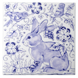 Delft Blue Bunny Rabbit Bird Dedham Elegant Rustic Kakelplatta