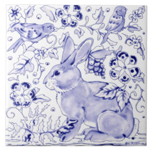 Delft Blue Bunny Rabbit Bird Dedham Elegant Rustic Kakelplatta