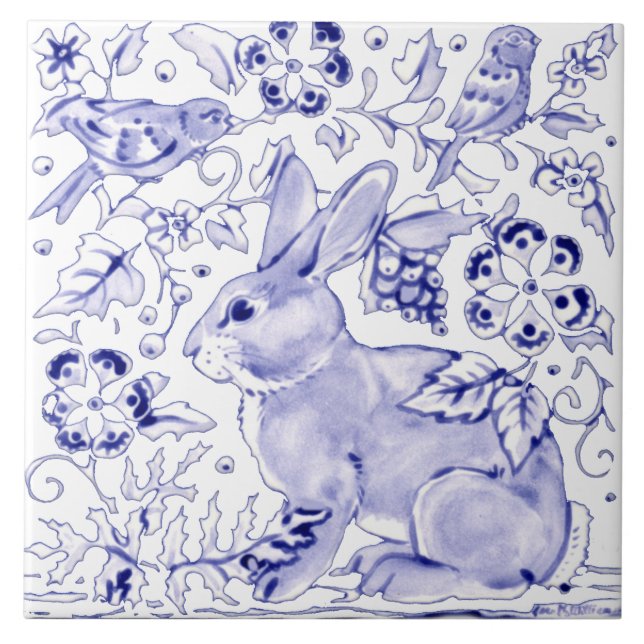Delft Blue Bunny Rabbit Bird Dedham Elegant Rustic Kakelplatta (Framsidan)