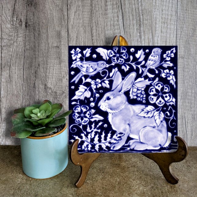 Delft Blue Bunny Rabbit Bird Dedham Elegant Rustic Kakelplatta (Skapare uppladdad)