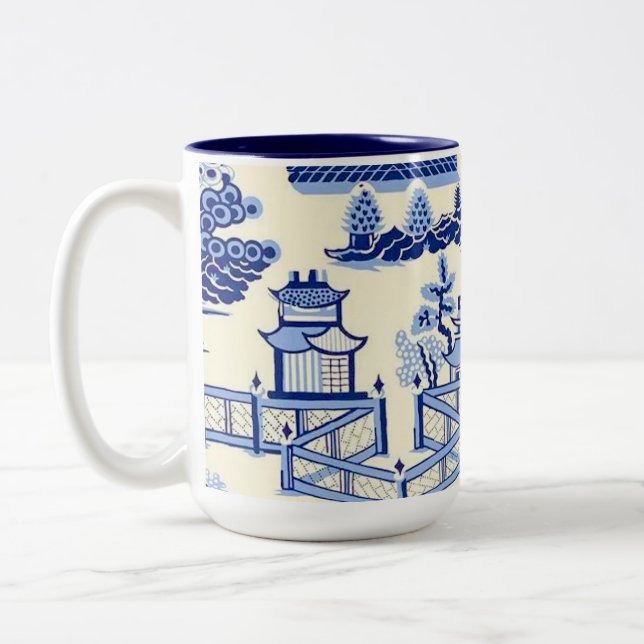 Delft Blue China Ming Dynasty Tea House Två-Tonad Mugg (Vänster)