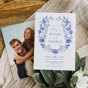 Delft Blue Chinoiserie Blommigt Porcelain Bröllop Inbjudningar