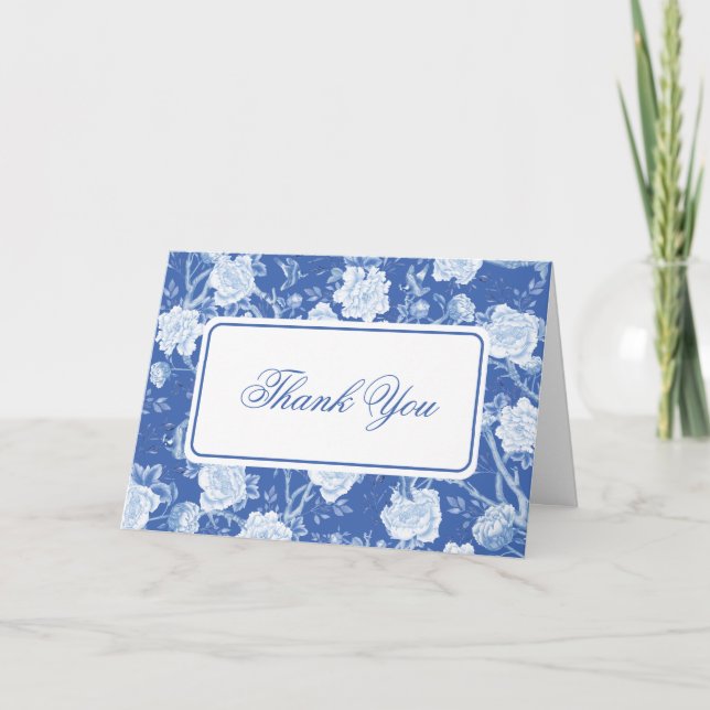 Delft Blue Chinoiserie Flower Bird Toile Tack Kort (Framsida)