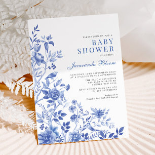 Delft Blue Chinoiserie Garden Neutralt Baby Shower Inbjudningar