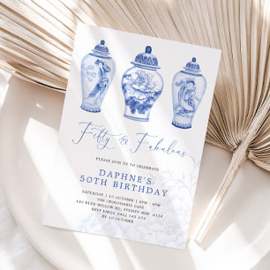 Delft Blue Chinoiserie Ginger Burk 50:e födelsedag Inbjudningar