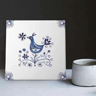 Delft Blue Dutch Stil Bird Flowers Indigo Ceramic Kakelplatta