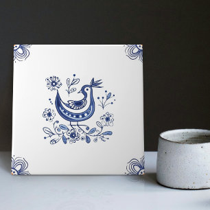 Delft Blue Dutch Stil Bird Flowers Indigo Ceramic Kakelplatta