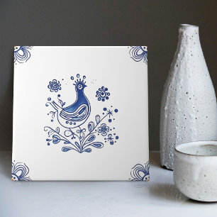 Delft Blue Dutch Stil Bird Flowers Indigo Ceramic Kakelplatta