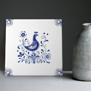 Delft Blue Dutch Stil Bird Flowers Indigo Ceramic Kakelplatta