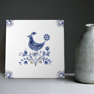 Delft Blue Dutch Stil Bird Flowers Indigo Ceramic Kakelplatta