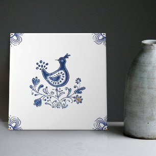 Delft Blue Dutch Stil Bird Flowers Indigo Ceramic Kakelplatta