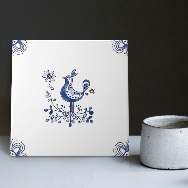 Delft Blue Dutch Stil Bird Flowers Indigo Ceramic Kakelplatta (Skapare uppladdad)