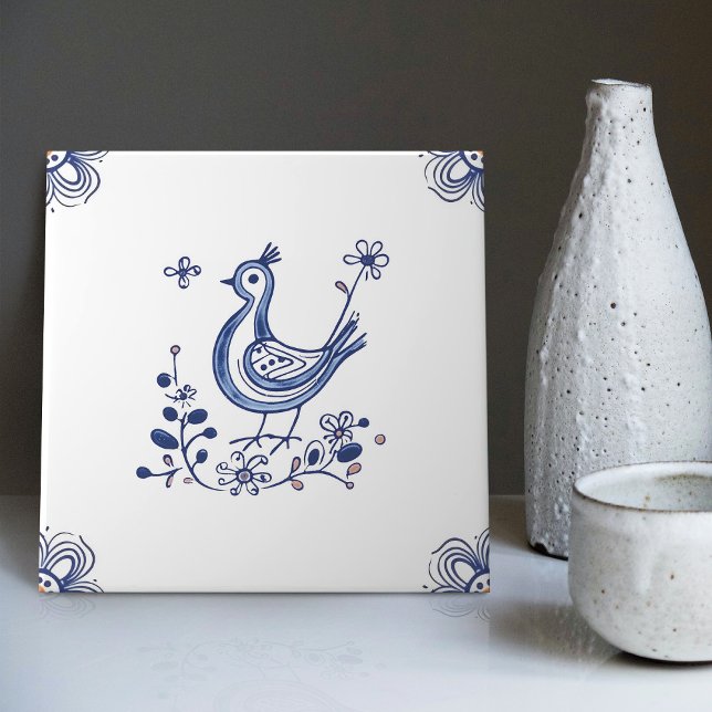 Delft Blue Dutch Stil Bird Flowers Indigo Ceramic Kakelplatta (Skapare uppladdad)