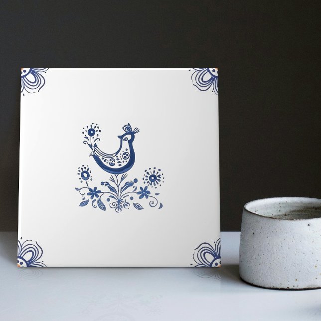 Delft Blue Dutch Stil Bird Flowers Indigo Ceramic Kakelplatta (Skapare uppladdad)