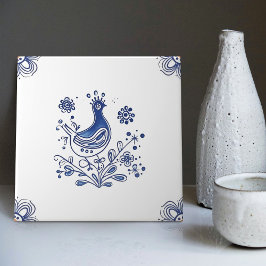 Delft Blue Dutch Stil Bird Flowers Indigo Ceramic Kakelplatta