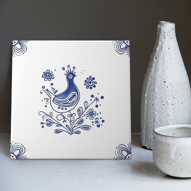 Delft Blue Dutch Stil Bird Flowers Indigo Ceramic Kakelplatta (Skapare uppladdad)
