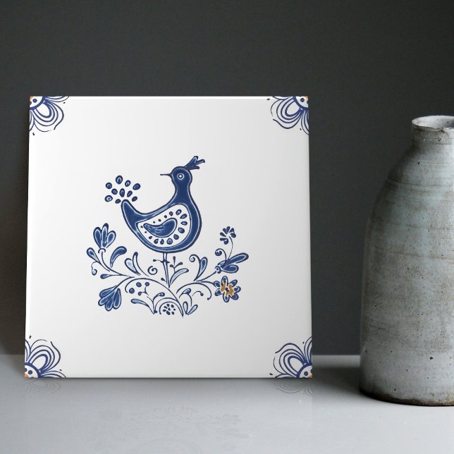 Delft Blue Dutch Stil Bird Flowers Indigo Ceramic Kakelplatta (Skapare uppladdad)