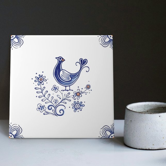 Delft Blue Dutch Stil Bird Flowers Indigo Ceramic Kakelplatta (Skapare uppladdad)