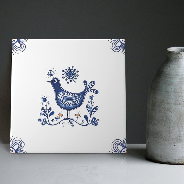 Delft Blue Dutch Stil Bird Flowers Indigo Ceramic Kakelplatta (Skapare uppladdad)