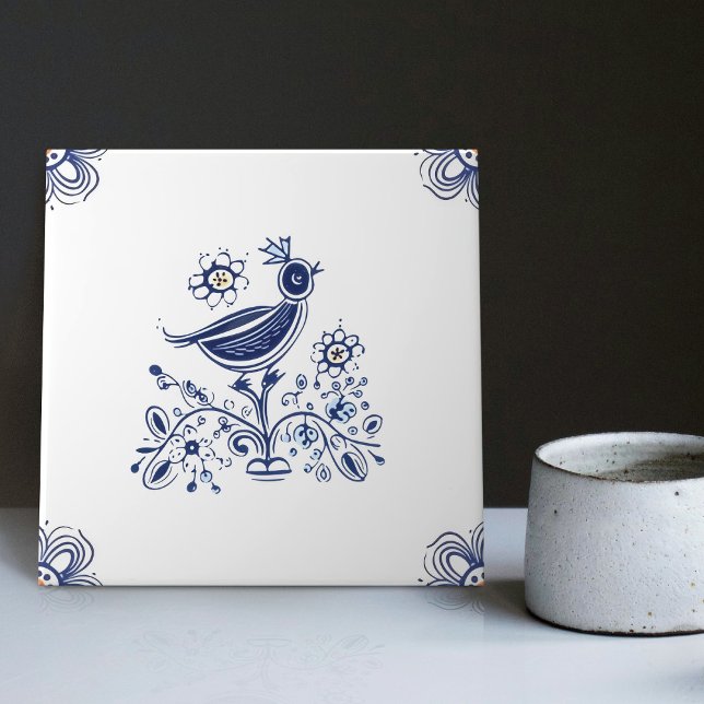 Delft Blue Dutch Stil Bird Flowers Indigo Ceramic Kakelplatta (Skapare uppladdad)