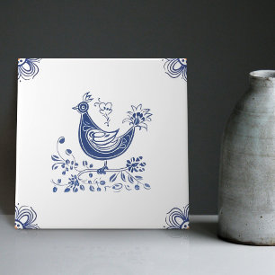 Delft Blue Dutch Stil Bird Flowers Indigo Kakelplatta