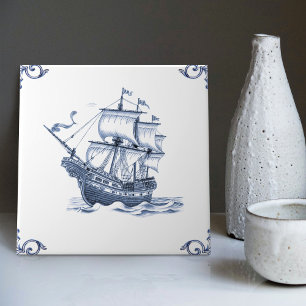 Delft Blue Dutch Stil Frigate Schooner Segelbåt Kakelplatta