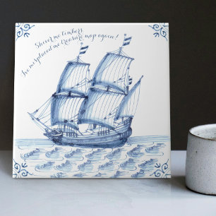 Delft Blue Dutch Stil Frigate Schooner Segelbåt Kakelplatta