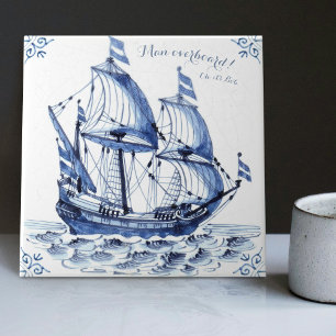 Delft Blue Dutch Stil Frigate Schooner Segelbåt Kakelplatta